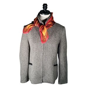 Talbots Wool Silk Blazer Woven Mini Check Leather Trimmed Zipper Sophisticated 8